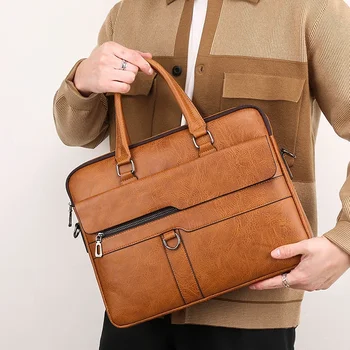 Кожено куфарче за мъже Бостънска чанта лаптоп документ папка рамо бизнес реколта пратеник crossbody страна дизайнер чанта