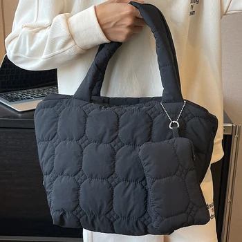 Дамски зимни черни памучни чанти деликатни ватирани дами дебели композитни меки голяма пазарска чанта женски качество пътуване рамо чанти