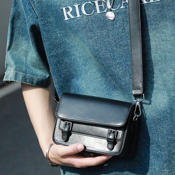 Casual Man Shoulder Bag Pu Leather Small Square Bag Mobile Phone Purse Solid Black Designer 2023 Нов Flip Messenger чанти