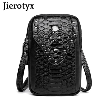 JIEROTYX Малък Crossbody мобилен телефон чанта за жени лек мини рамо чанта портфейл готически череп чанти с реколта нит