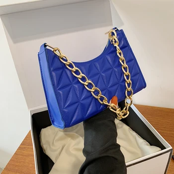 INS Модерен дебела верига рамо чанта плътен цвят случайни жени кожени чанти женски ватирани чанти за подмишници парти пазаруване торбичка