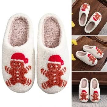 Gingerbread Man Fuzzy Indoor Slippers Cozy Plush Closed Toe Slippers Flat Plush Slip-on House Shoes Cartoon for Winter Indoor