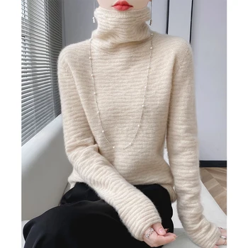 Основен монохромен пуловер за жени 100% вълнен пуловер с поло, чист цвят, мода, топли комфортни върхове, есен зима2023