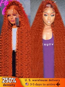 30 40 инчов оранжев джинджифил дълбоко вълна перуки човешка коса 250 плътност 13x4 13x6 къдрава цветна дантела фронт човешка коса перуки за жени