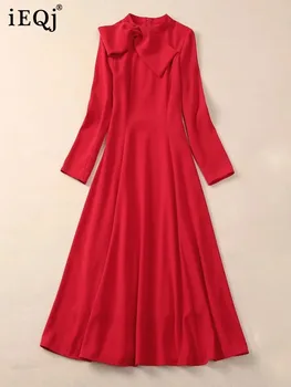 [IEQJ] Твърди лък снаждане дизайн рокли за жени дълъг ръкав стойка яка висока талия елегантна рокля женски пролетта 2024 36A491