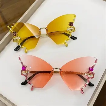 2023 Нови луксозни диамантени пеперуди слънчеви очила жени марка Y2K реколта без рамки извънгабаритни слънчеви очила дамски очила гафас де сол