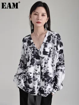 [EAM] Бял отпечатан голям размер плетене жилетка пуловер v-образно деколте дълъг ръкав жени нова мода прилив пролет есен 2024 1DH1614