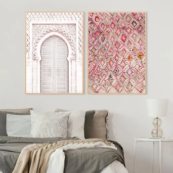 Реколта розов килим стена арт отпечатъци Boho еклектичен плакат древна порта Мароко врата произведения на изкуството платно живопис картини стена декор