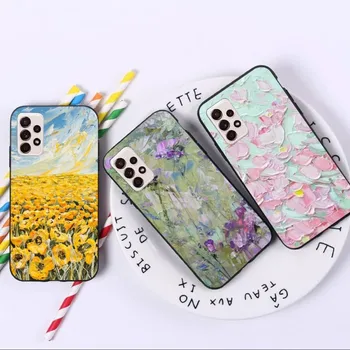 Boho цвете изкуство маслена живопис телефон случай за Samsung A91 A81 A73 A72 A71 A30S A20 A12 A13 A52 A53 4G 5G мек черен телефон капак