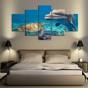 Делфин и костенурка морски животни плакат 5 панел платно печат стена изкуство Начало декор HD печат картини без рамки 5 парче стая декор
