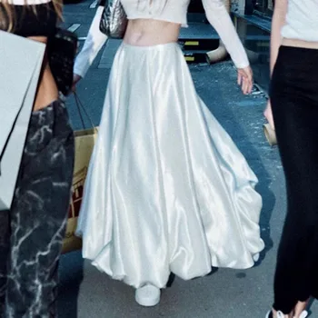 Елегантна романтична сатенена пола с цветни пъпки за жени 2024 пролет лято бели поли Y2k гръндж висока талия хлабав Faldas Mujer