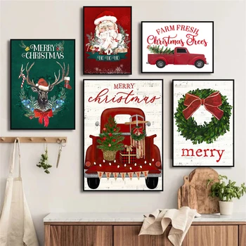 Нова година Весела Коледа чорап камион кола Дядо Коледа плакат стена изкуство платно живопис отпечатъци картини детска стая домашен декор