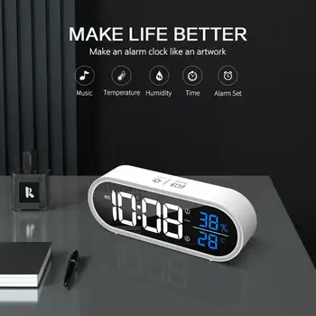  LED цифров двоен будилник акумулаторна регулируема сила на звука яркост нощно шкафче температура влажност, USB зарядно за телефон