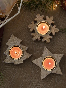 Масивна дървена свещ за чай Light Holder Natural Xmas Wedding Holidays Candlestick - Pentagram Xmas Tree Shape Candle Holder