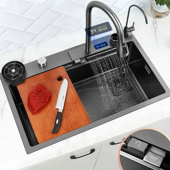 Водопад мивка кухня от неръждаема стомана Topmount мивка голям единичен слот мивка с многофункционален докосване водопад кранче