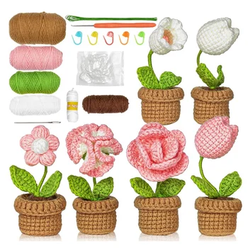 Комплект за начинаещи плетене на една кука-6 бр. Лесно цвете за плетене на една кука за възрастни с видео урок стъпка по стъпка Саксийни растения за домашен декор