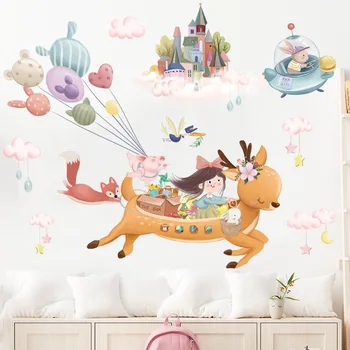 Карикатура елен стена стикери за детска стая декорация рицар балон стена ваденки сменяеми самозалепващи тапети стенописи