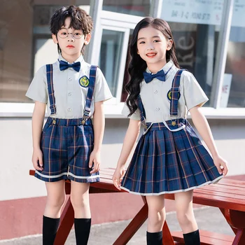 Лятна детска градина униформа момчета момичета нагънат супендър с презрамки вратовръзка шорти дипломиране изпълнение хор облекло