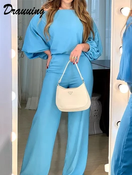 Drauuing Blue Loose Shirts Top And Wide Leg Pant Loose Pant Outfits Women Long Sleeve Casual 2 Pieces Sets Women Solid