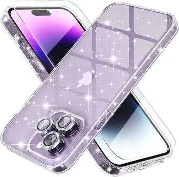 Clear Glitter Bling Sparkly Case Закалено стъкло Камера Обектив Протектор за iPhone 14 Plus 13 Pro Max 12 Mini 11 Сладък дамски капак