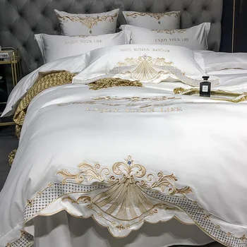 Нов луксозен бял 600TC египетски памук Royal бродерия дворец легла комплект пухени покритие чаршаф легло бельо калъфки 4бр #/L