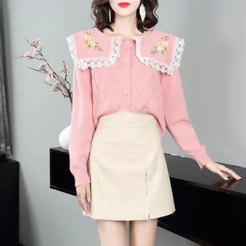 Korejepo розова дантела бродерия пуловер 2023 есен зима нов дамски плътен цвят мода кукла врата отгоре снаждане плетена жилетка