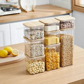 PET пластмасова храна запечатана кутия за съхранение с бамбуков капак кафе на зърна кухненски контейнери за съхранение кухненски контейнер организатор