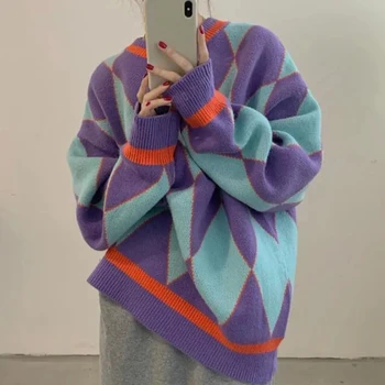 2023 Улично облекло Argyle пуловер жени извънгабаритни карирани плетени пуловери реколта корейски хлабав трикотаж Harajuku случайни джъмпер нови