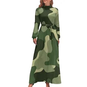 Зелена камуфлажна рокля с висока талия Графичен печат Бохемски рокли Естетична дълга макси рокля Kawaii дрехи