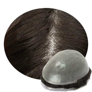 0.06mm Тънка основа на кожата с възли Трайна мъжка капилярна протеза Мъже Toupee Неоткриваема линия на косата Мъжка перука Система за човешка коса