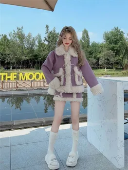 Есен Нова пола костюм елегантен корейски един бутон палта A-линия пола висока улица отслабване костюм завой надолу яка Y2k 2-парче комплект