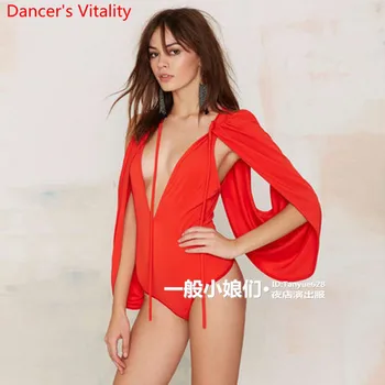 Western Street Fashion Cape Backless Sexy Deep-v Low-cut Black Red Cut out High Split Short Body Suit Pole Jazz Dance Performanc