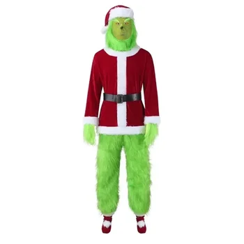 Крадецът открадна Коледа Забавен костюм Възрастен Коледа Дядо Коледа Хелоуин космати чудовище зелен звяр костюми трик дрехи шапка за мъже жени