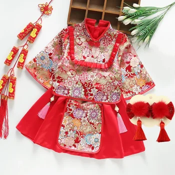 Детски Tang рокля червена бродерия китайски стил момиче бебе първи рожден ден рокля бебе дете честита Нова година дрехи комплект