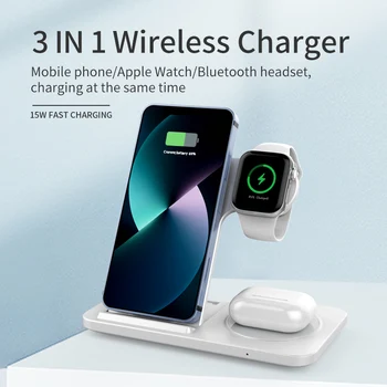 3 в 1 Магнитна стойка за безжично зарядно устройство за iPhone 14 13 12 Pro Max Apple Watch 7 6 Airpods 2 Индукционна USB станция за бързо зареждане