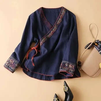 Летен етнически стил Дамски памучен лен наклон бродирана блуза, литературна и артистична ретро, свободна и подобрена Хан облекло,