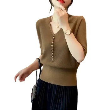 2023 Жените разрошени копчета елегантни трикотажи лятна мода V врата половин ръкав твърди тънки пуловери офис дама основни плетени върхове