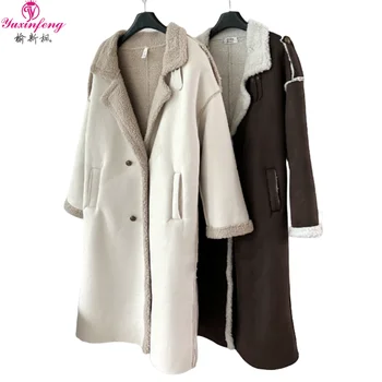 Shearling Fur Lambhair Oversize Female Winter New 2023 Long Thickening Suede Coat Double Breasted Loose Warm Padded Jacket