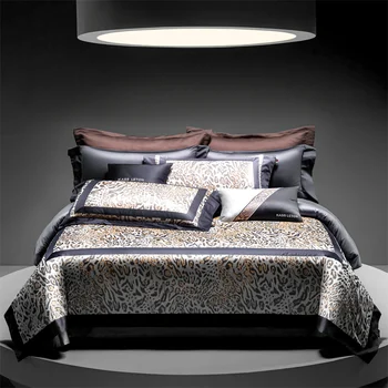 1400TC Египетски памук секси леопард печат луксозен спален комплект копринена мека завивка капак комплект плоски/монтирани легло лист калъфки