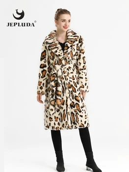 JEPLUDA 110cm дължина леопард истинска кожа палто жени нов модерен цвят мека топла естествена Rex заек кожа зимно яке за жени