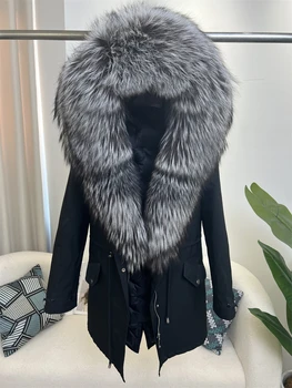 OFTBUY 2023 Истинско кожено палто Патица надолу зимно яке Жени Естествена лисица яка с качулка Хлабав Дълго Паркас Големи Връхни дрехи Разглобяеми