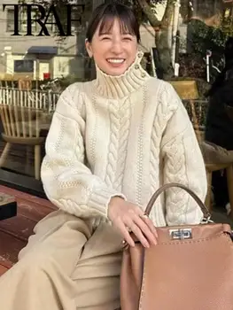 TRAF 2023 Жена мода есен зима водолазка пуловери случайни тънък топъл дълъг ръкав пуловери бежово черно