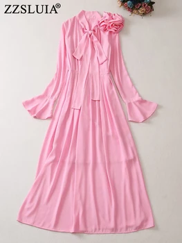 ZZSLUIA Елегантни рокли за жени Плътен цвят 3D цвете апликации дизайнер тънък дълга рокля мода дълъг ръкав плисирани рокли