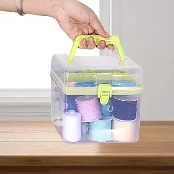 Кутия за съхранение на грим Двуслойна прозрачна кутия за съхранение с подвижна тава Преносима дръжка за играчки Бижута грим организация
