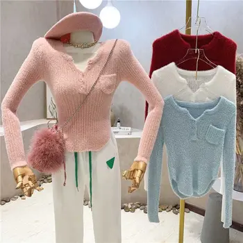 Норка кашмир сладки култури топ Sueters Мохер пуловер розов пуловер Mujer джъмпер трикотажни Y2k жени пуловери тънък корейски стил