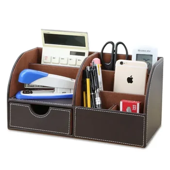 Pen PU офис кожени половин канцеларски кутии притежател молив съхранение организатор 6 бюро големи дървени отделения случай