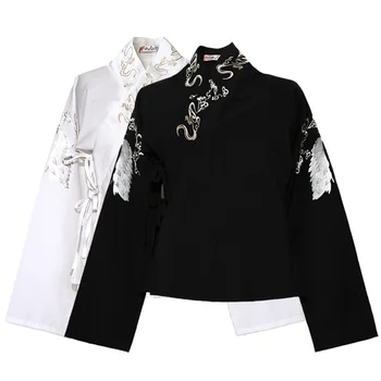 Ханфу риза жени китайски древна бродерия бял черен подплата вътре риза Топ кръст яка ханфу подплата ризи плюс размер 2XL
