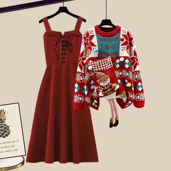 Есенна и зимна рокля с цял комплект дамски червен пуловер с корейска рокля малка ароматна рокля комплект от две части