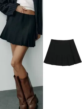 TRAF Елегантна темпераментна пола за жени 2023 Дамска мода Широка плисирана мини пола Женски шик страничен бутон цип черна пола