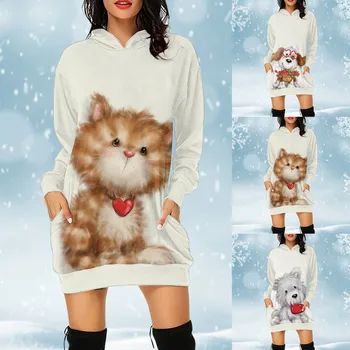 Дамски пуловер с качулка дълъг ръкав извънгабаритни сладък животински отпечатани Midi пуловер рокля с деним макси рокли за жени